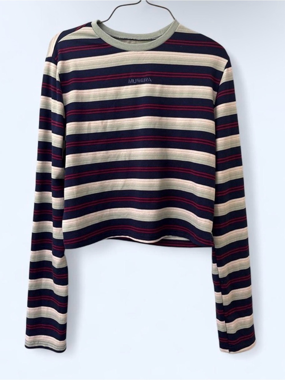 Musera Navy White Red Striped Long Sleeve Crop Top Women's XL Parke Inspired